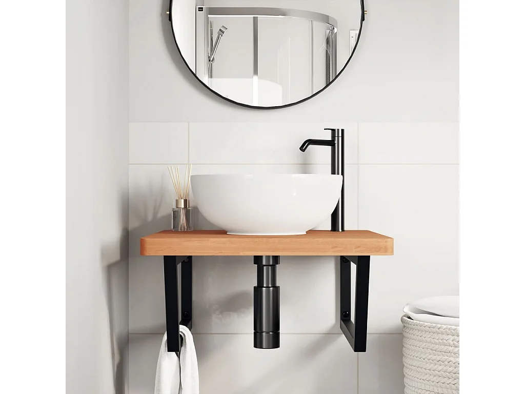 Ripiano a Parete per Lavabo in Acciaio e Massello di Faggio