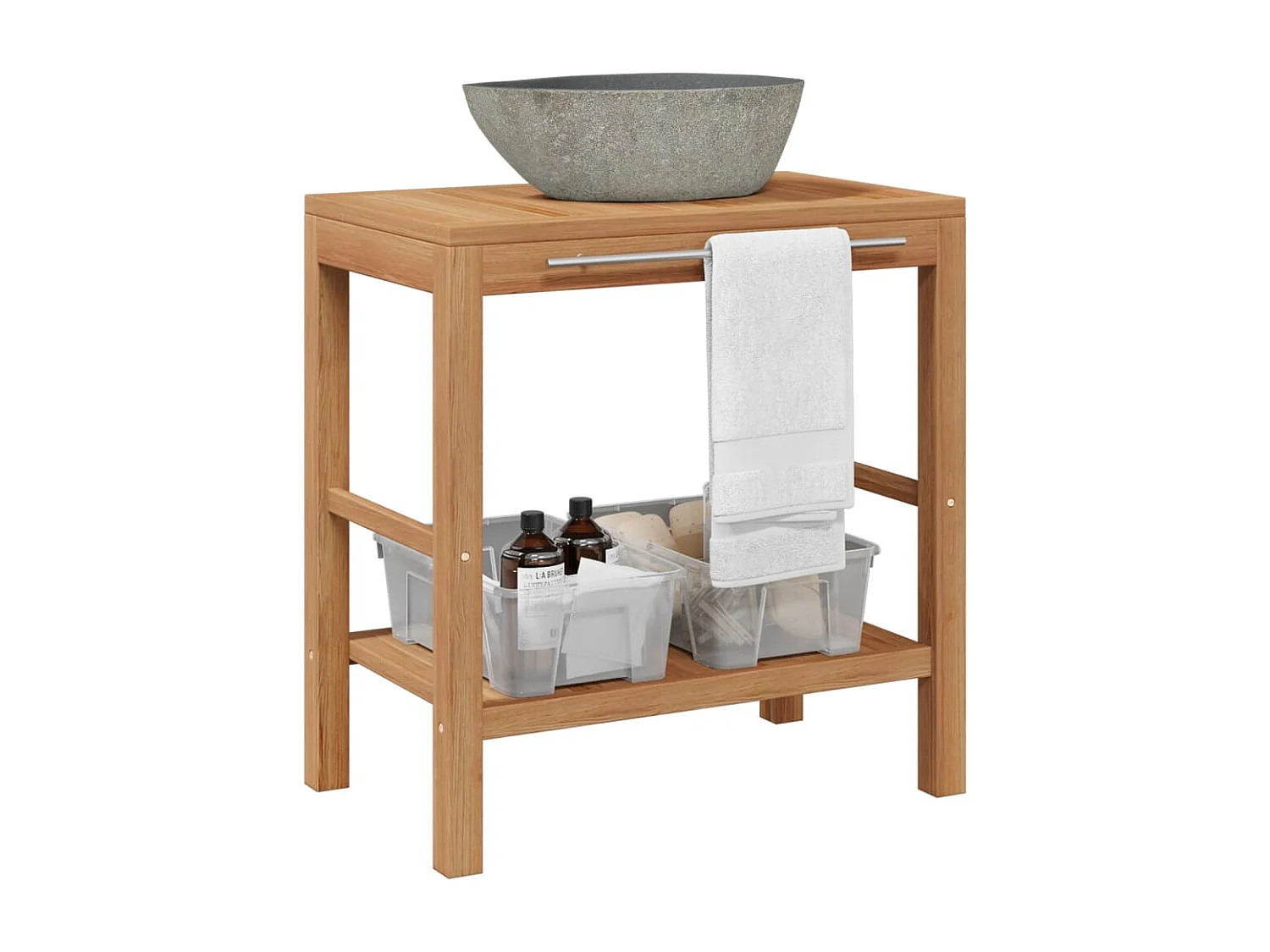 Waschtisch Massivholz Teak mit Waschbecken aus Flussstein