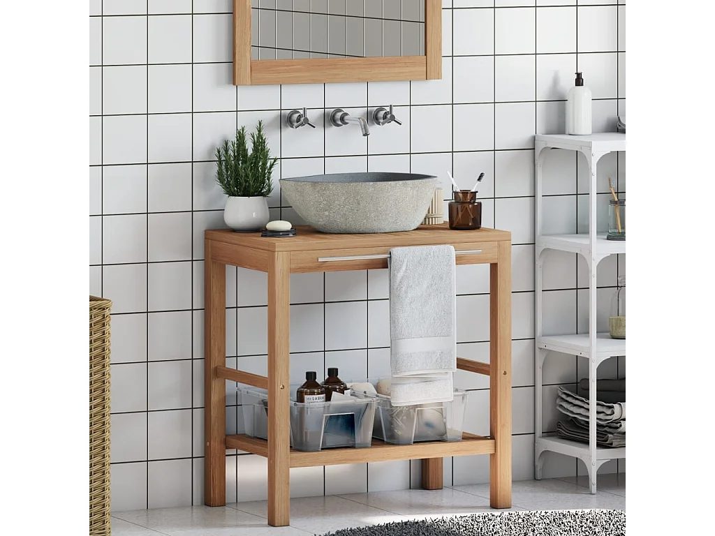 Waschtisch Massivholz Teak mit Waschbecken aus Flussstein