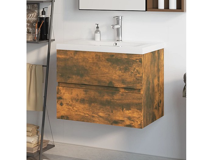 Meuble Lavabo Avec Vasque Intégrée – Bois D'ingénierie Chêne Brun