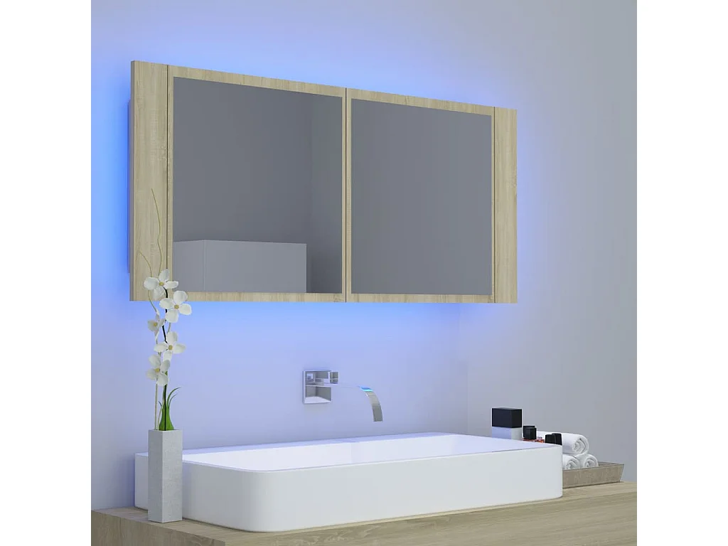 Armario espejo de baño LED acrílico roble Sonoma 100x12x45 cm