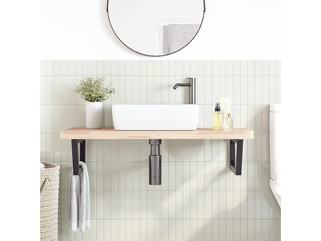 Ripiano a Parete per Lavabo in Acciaio e Massello di Faggio