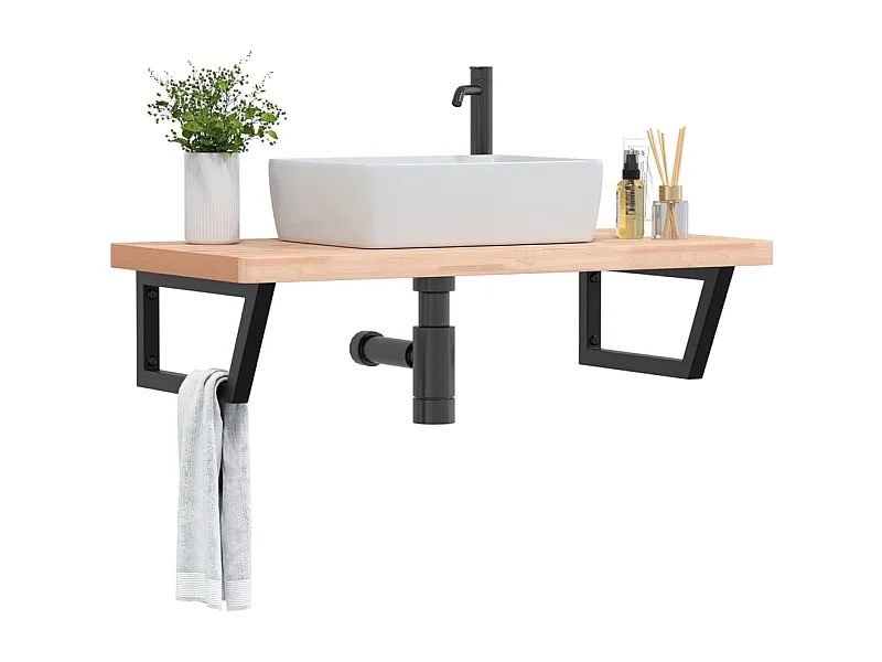 Ripiano a Parete per Lavabo in Acciaio e Massello di Faggio