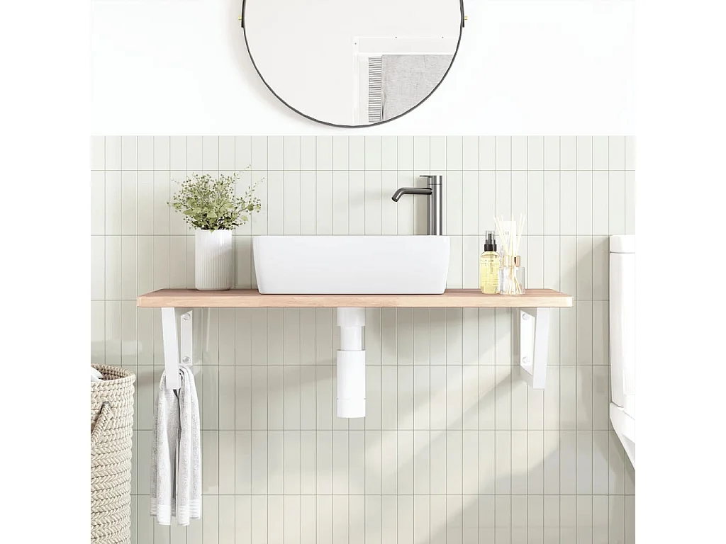 Ripiano a Parete per Lavabo in Acciaio e Massello di Rovere