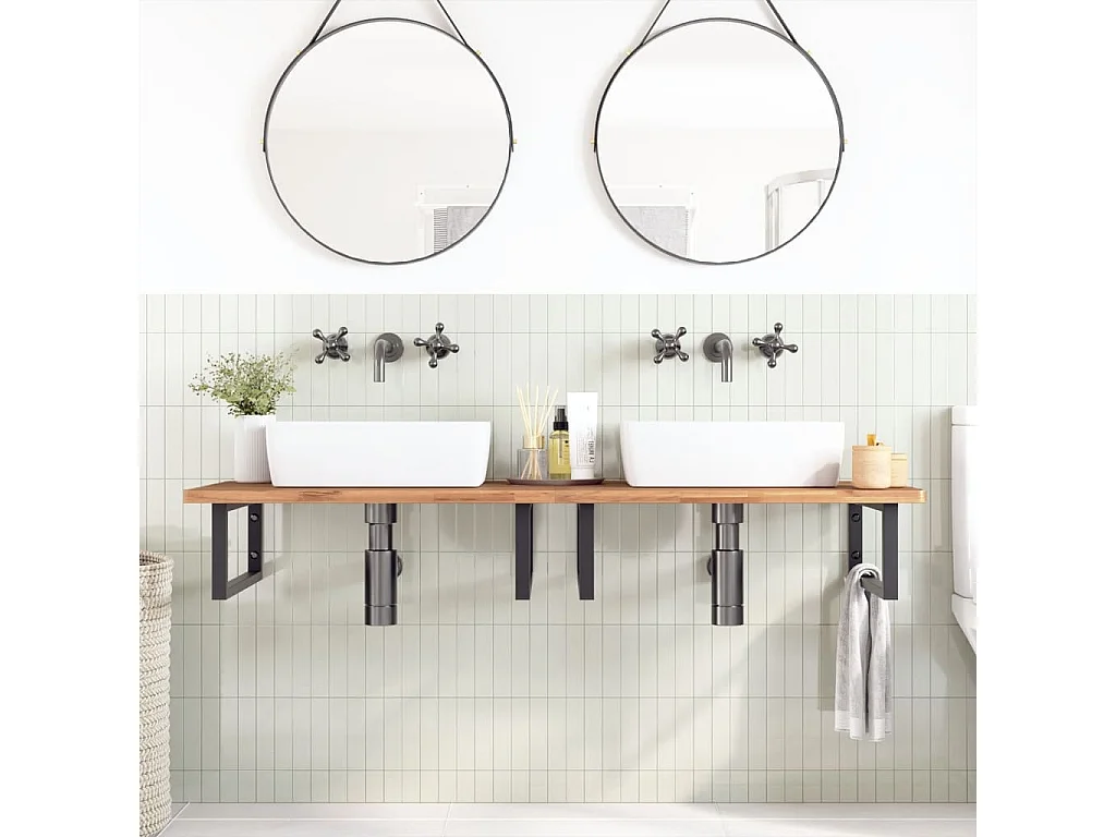 Ripiano a Parete per Lavabo in Acciaio e Massello di Faggio