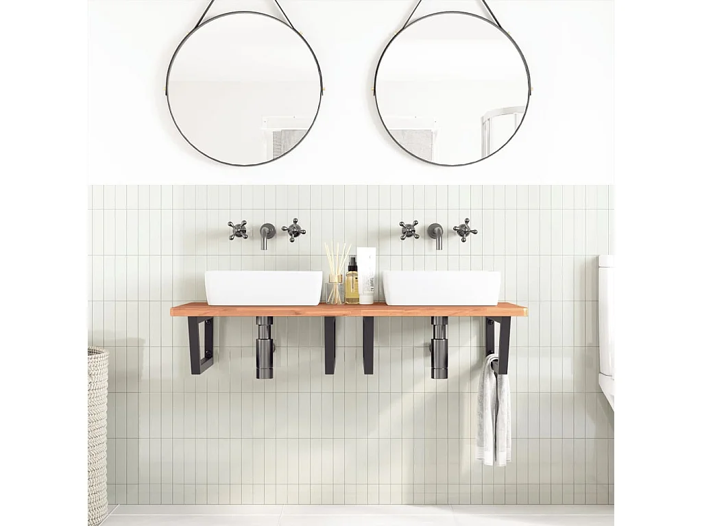 Ripiano a Parete per Lavabo in Acciaio e Massello di Faggio