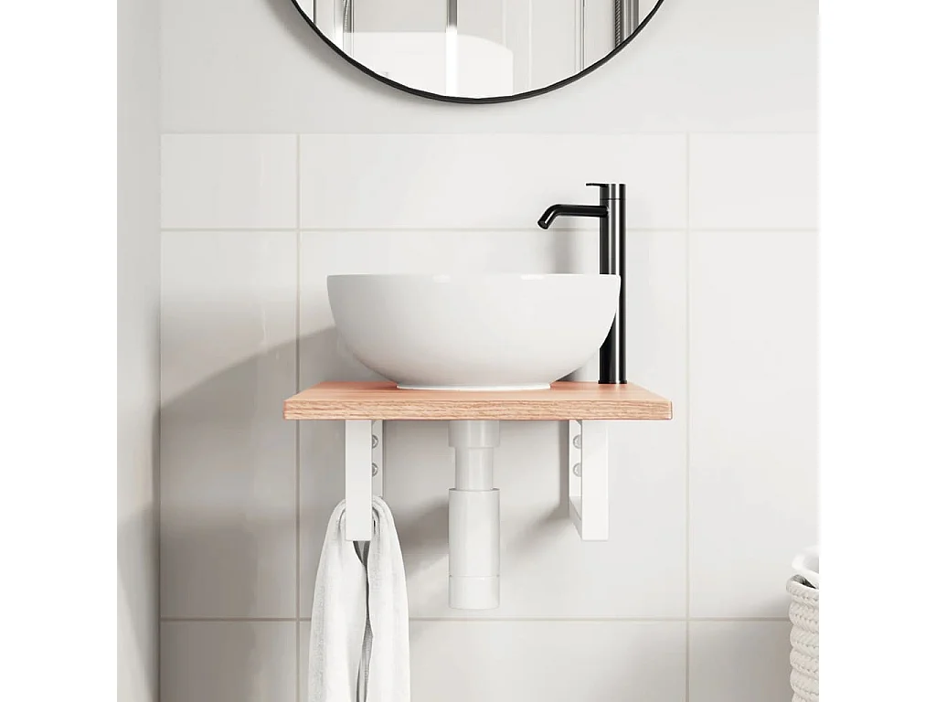 Ripiano a Parete per Lavabo in Acciaio e Massello di Rovere