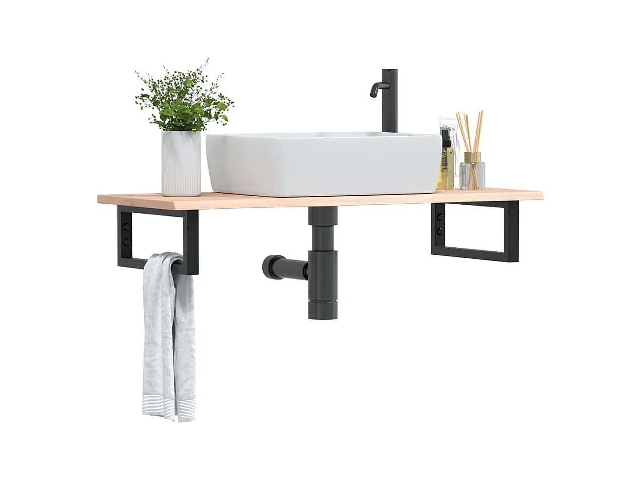 Waschtischplatte mit Halterung Stahl und Massivholz Eiche
