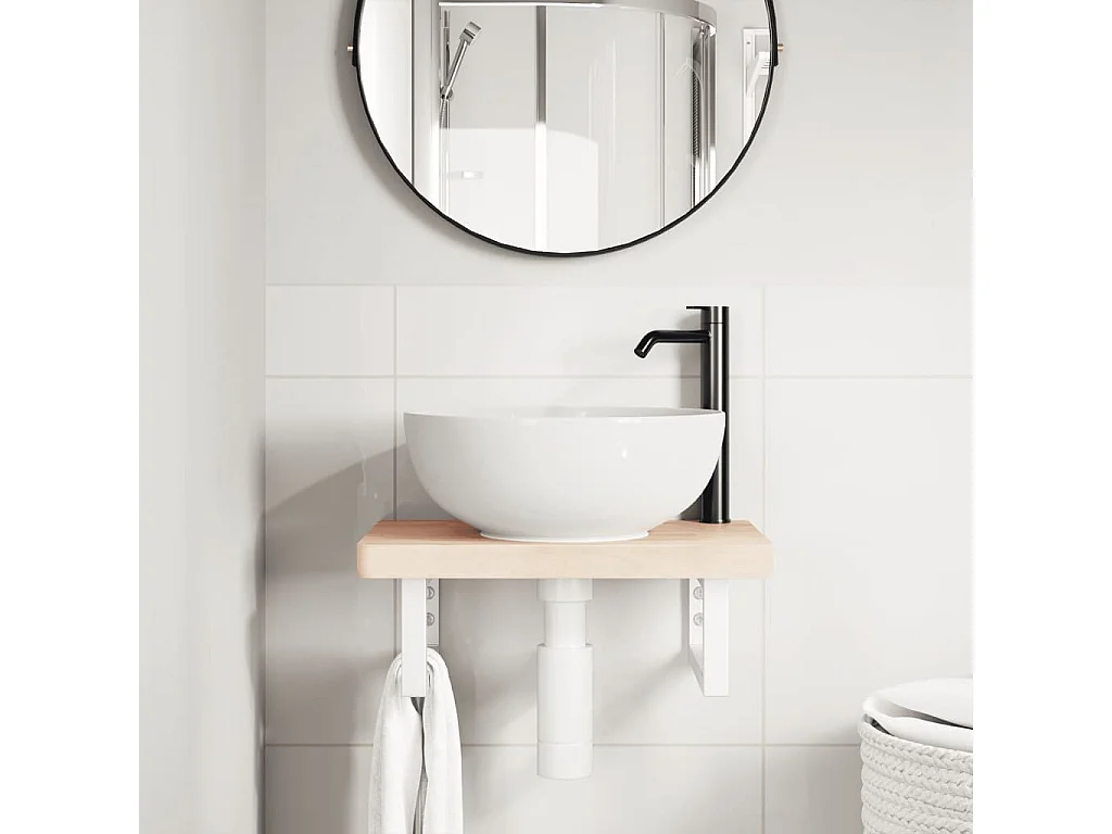 Ripiano a Parete per Lavabo in Acciaio e Massello di Faggio