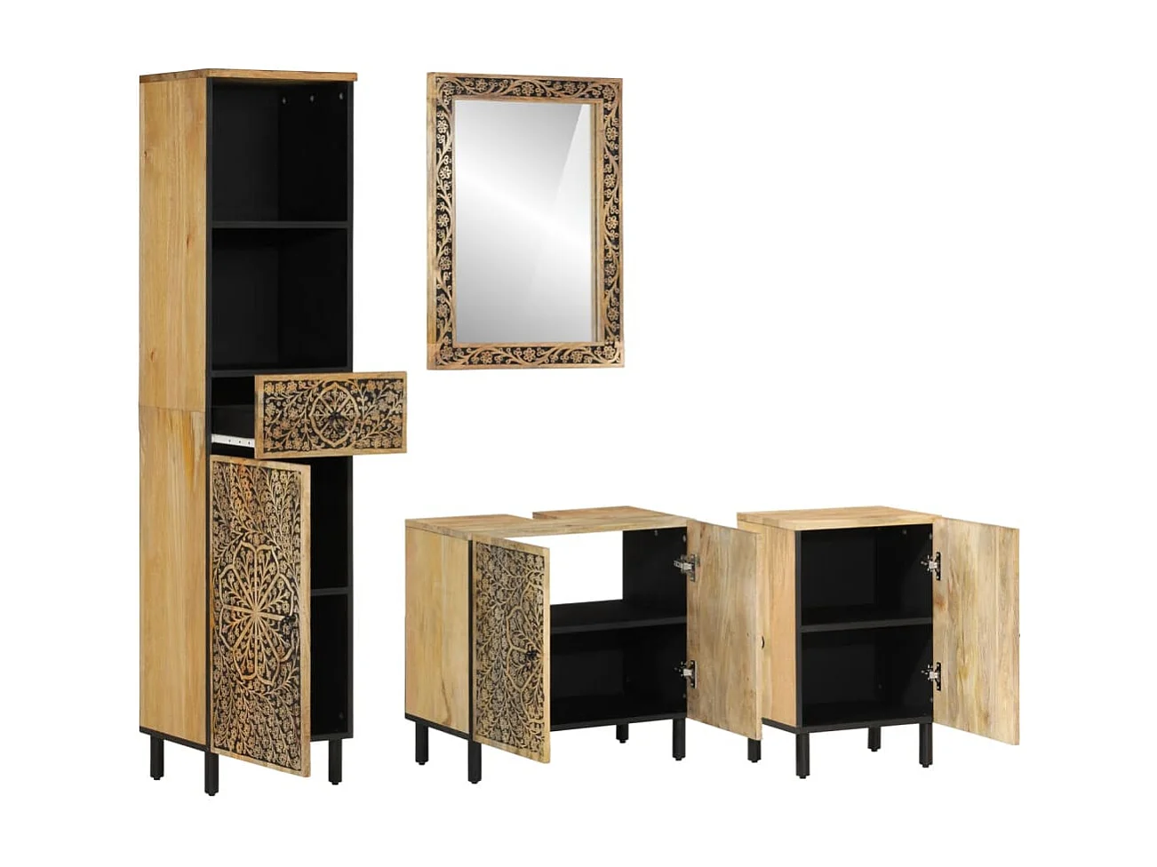 Set di mobili da bagno da 4 pezzi in legno massello di mango