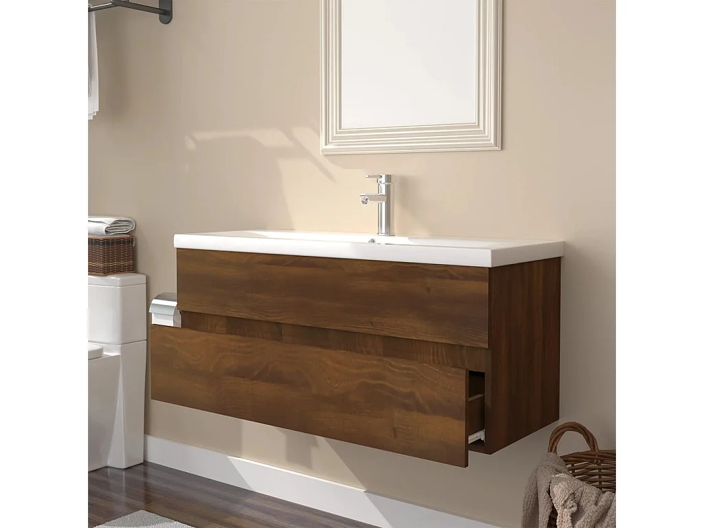 Waschbeckenschrank mit Einbaubecken Braun Eiche Holzwerkstoff