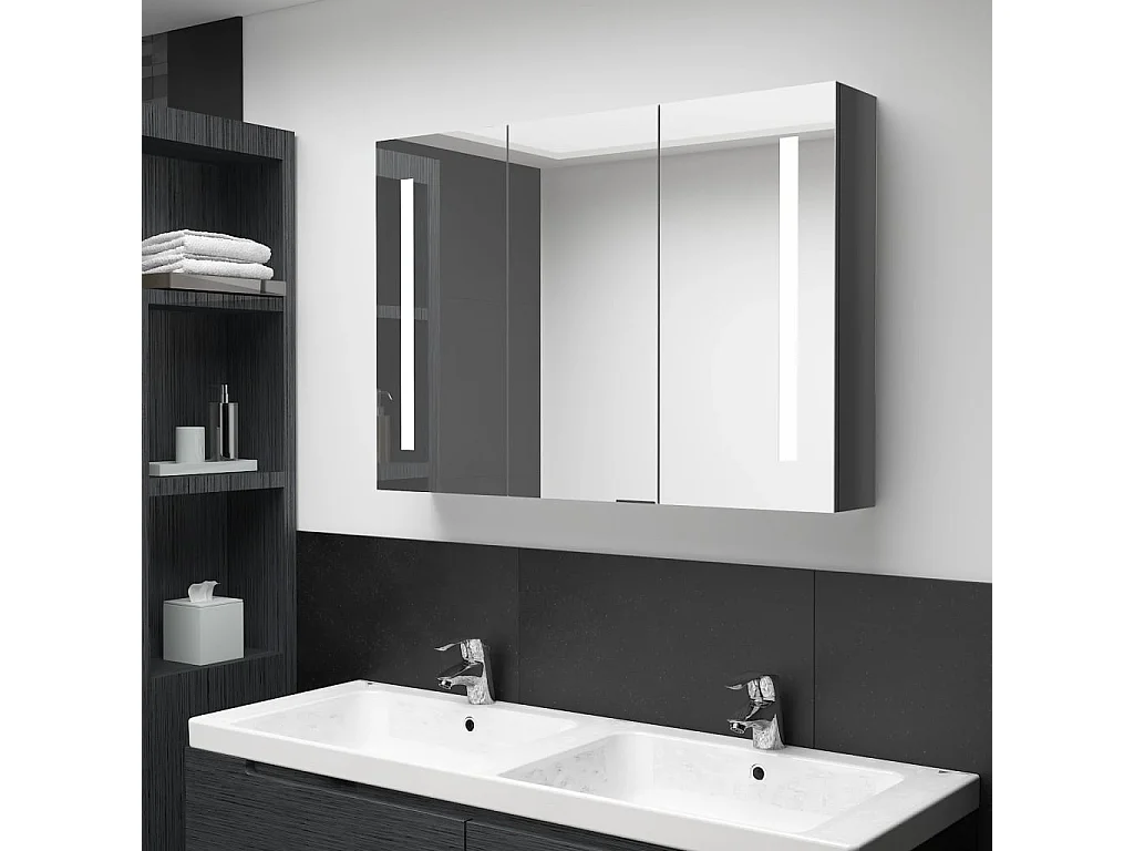 Armadietto Bagno con Specchio e LED 89x14x62 cm Grigio Lucido