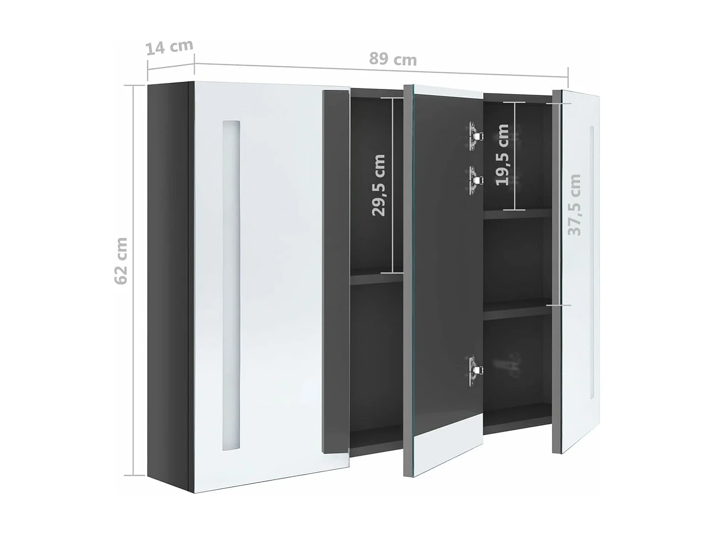 Armadietto Bagno con Specchio e LED 89x14x62 cm Grigio Lucido