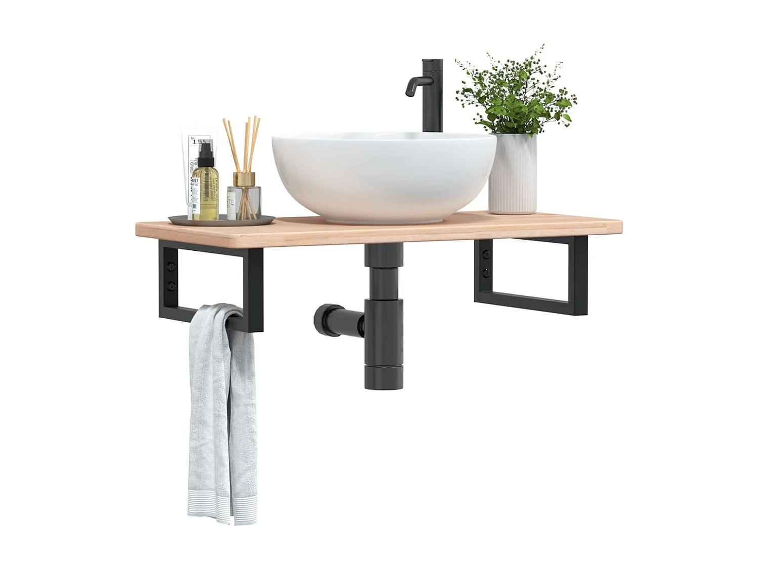 Estante de lavabo de pared de acero y madera maciza de roble