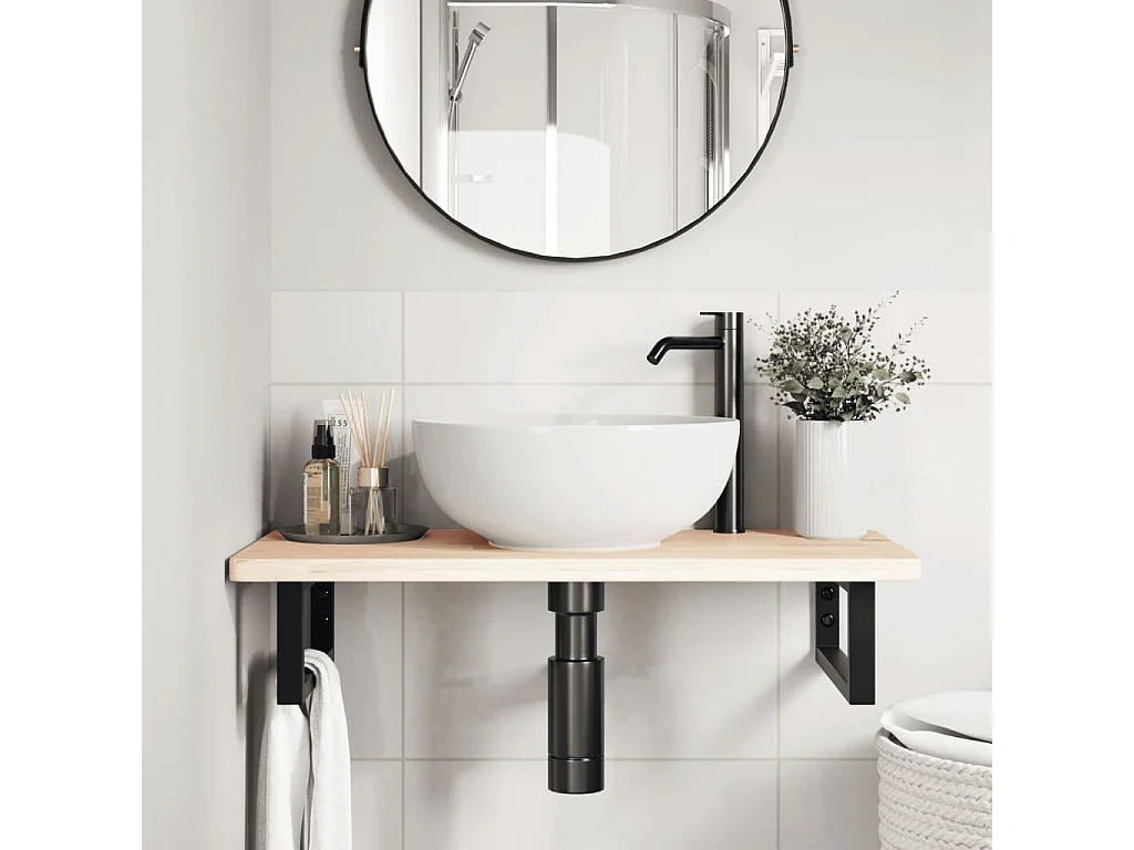 Estante de lavabo de pared de acero y madera maciza de roble