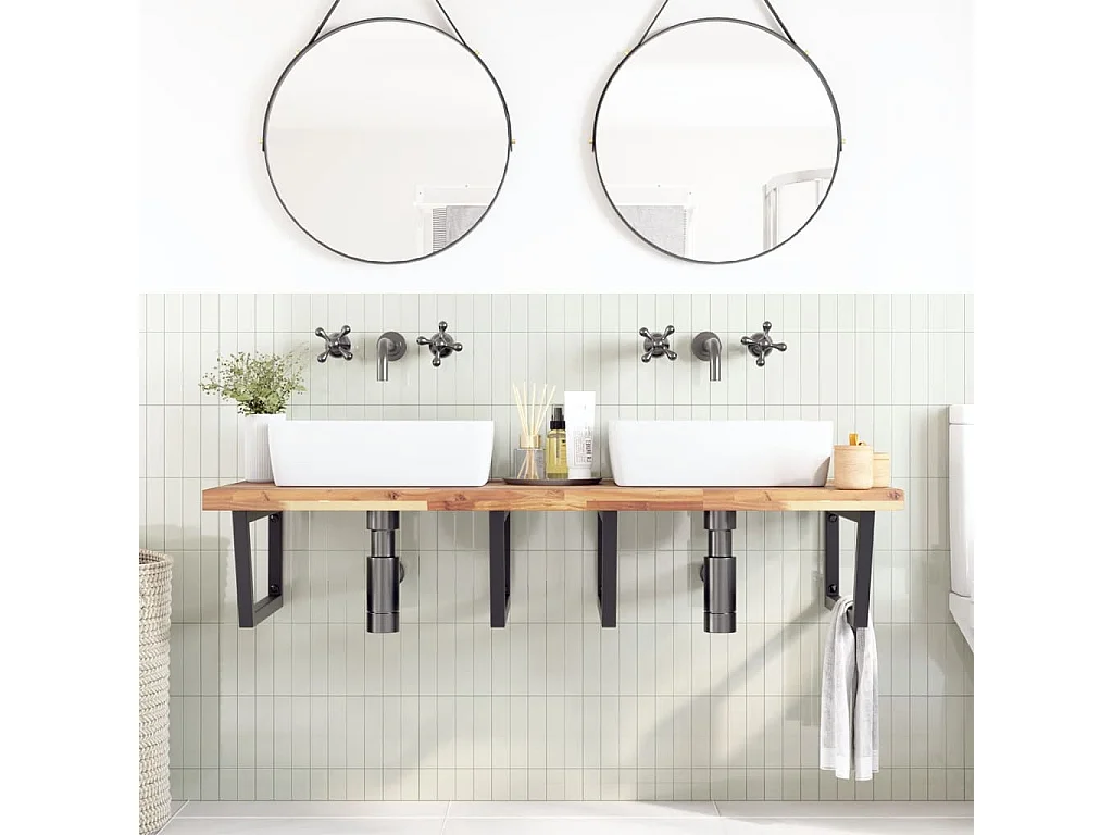 Ripiano a Parete per Lavabo in Acciaio e Massello di Acacia