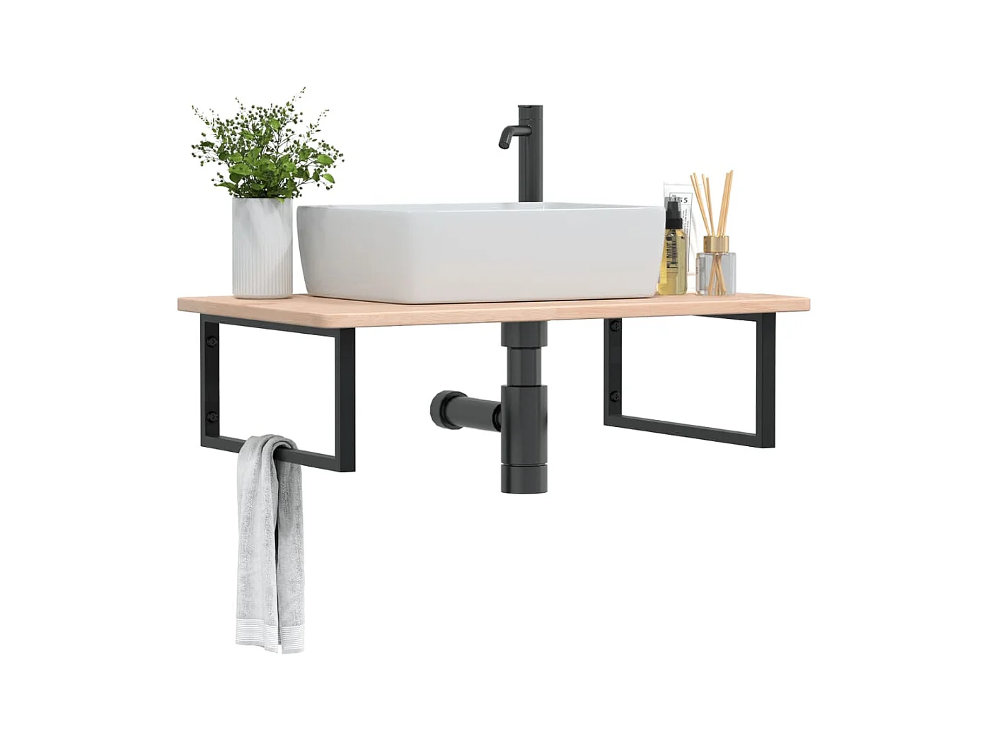 Estante de lavabo de pared de acero y madera maciza de roble