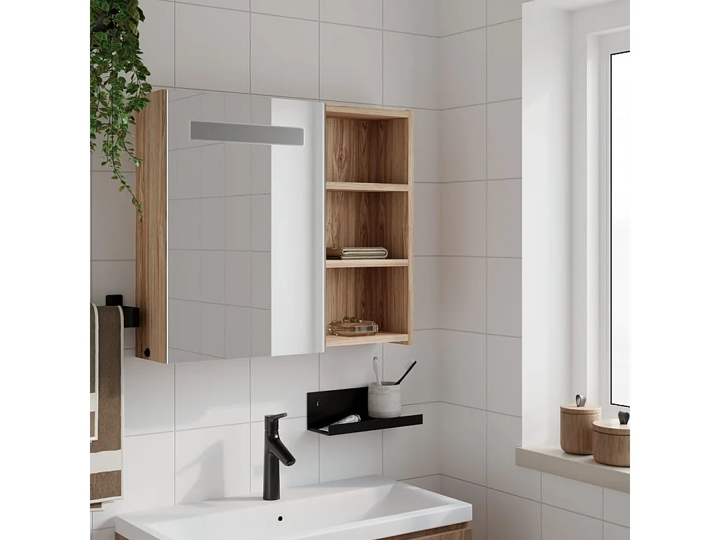 Armoire de salle de bain à miroir avec LED chêne 60x13x52 cm