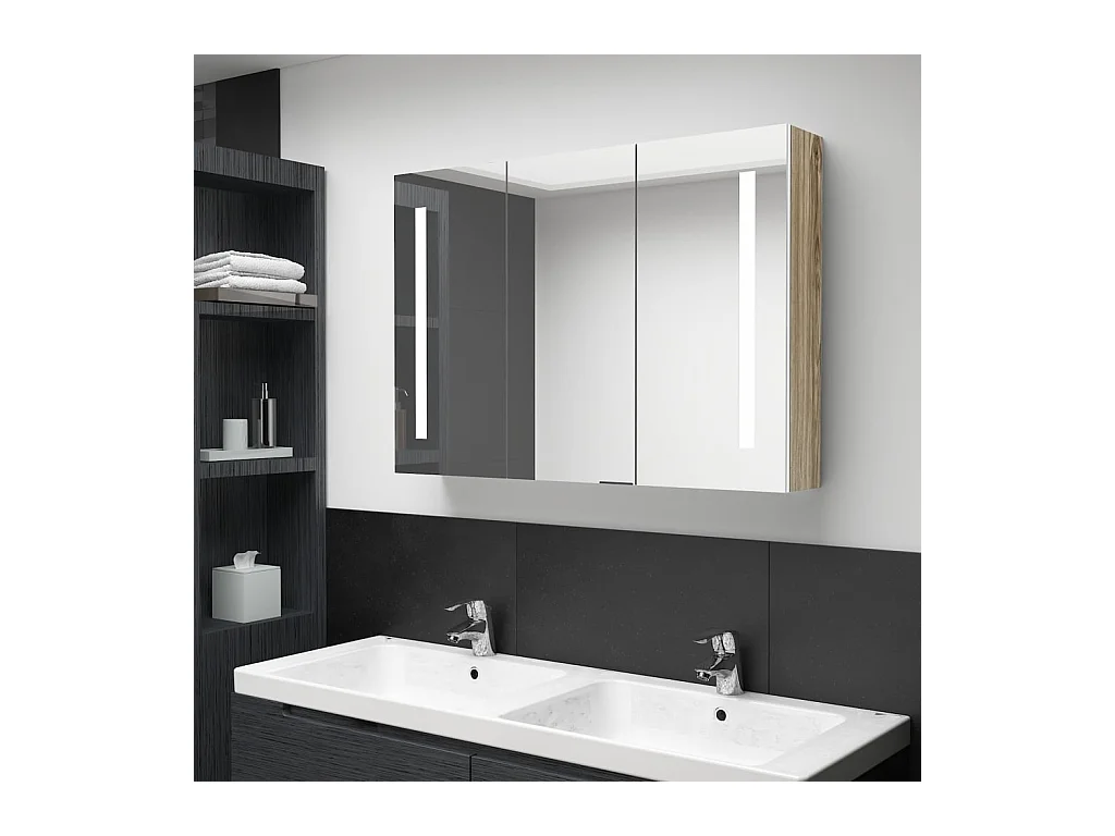 Armadietto Bagno con Specchio e LED 89x14x62 cm Bianco e Rovere