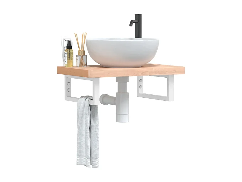 Ripiano a Parete per Lavabo in Acciaio e Massello di Faggio