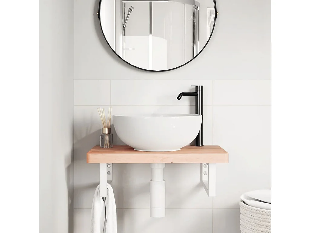 Waschbeckenregal Wandmontage Stahl und Massivholz Buche