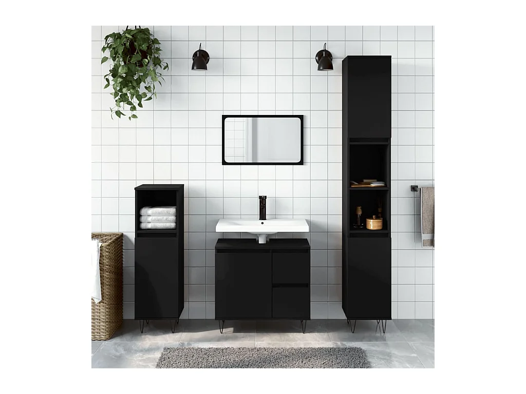 Badschrank Schwarz 30x30x190 cm Holzwerkstoff