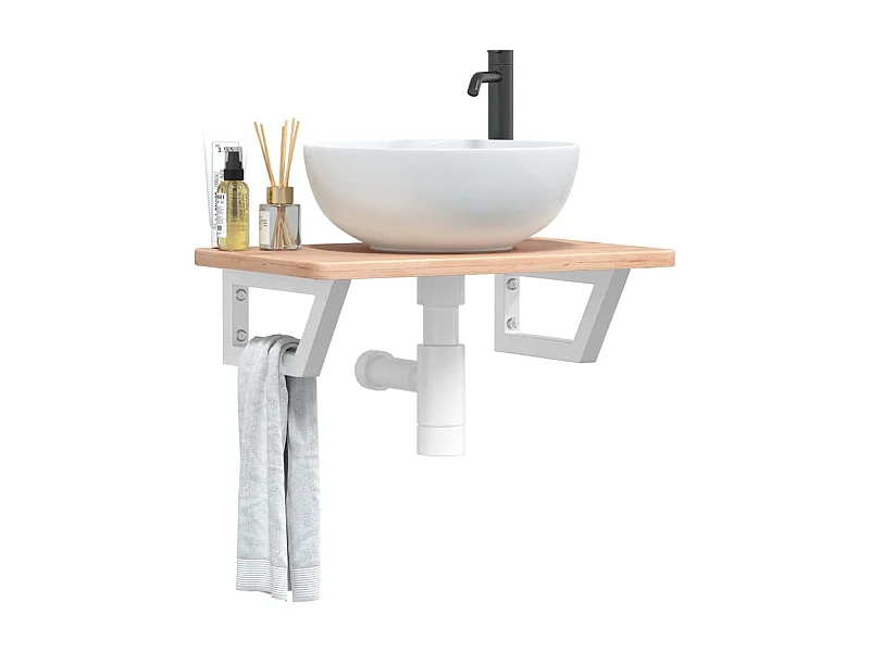 Estante de lavabo de pared de acero y madera maciza de roble