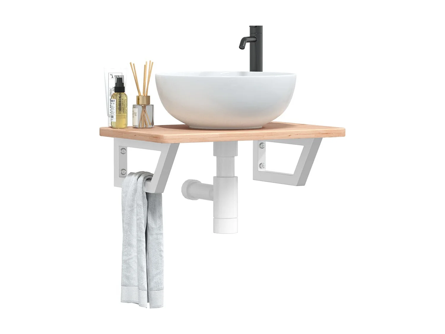 Estante de lavabo de pared de acero y madera maciza de roble