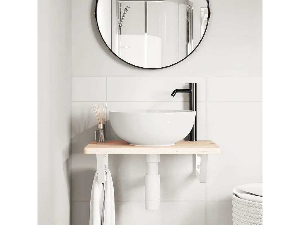 Estante de lavabo de pared de acero y madera maciza de roble