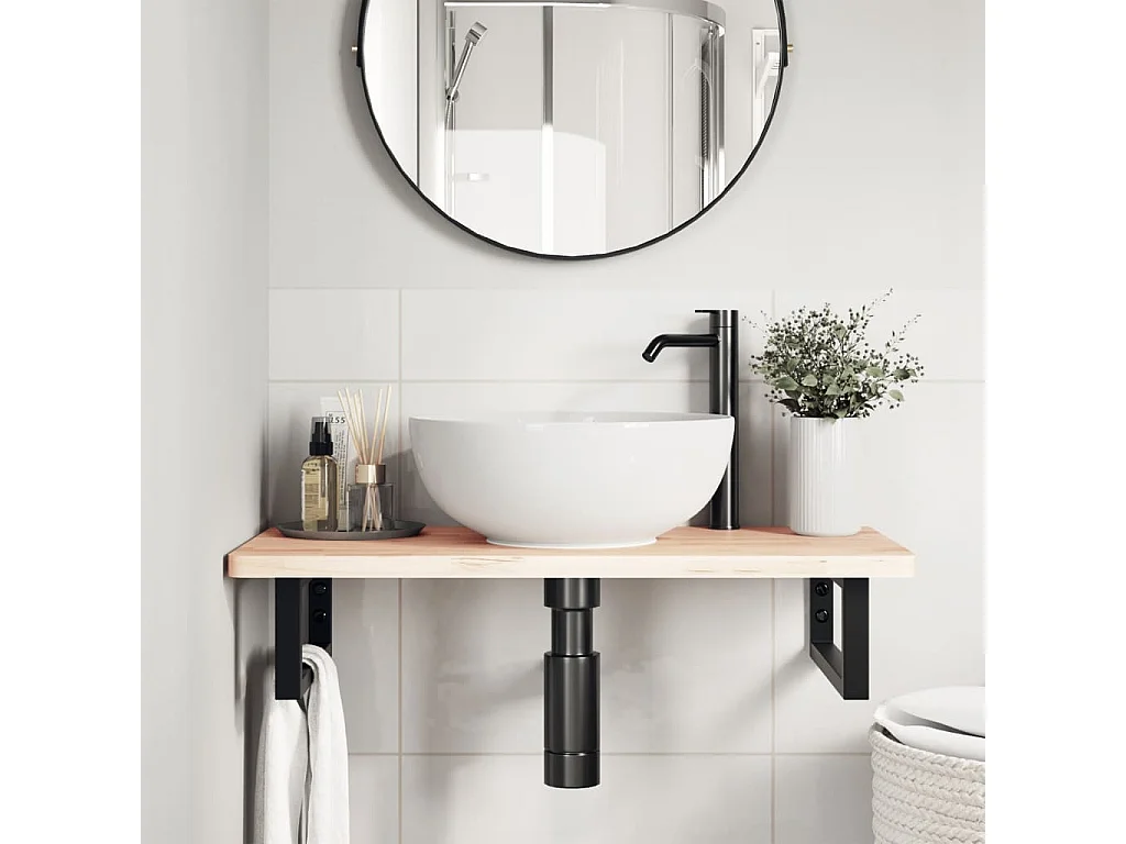 Waschbeckenregal Wandmontage Stahl und Massivholz Buche