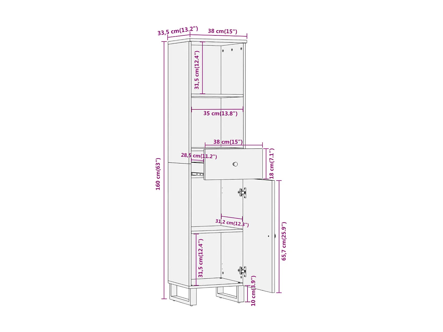 Mueble de baño madera maciza mango marrón negro 38x33,5x160 cm