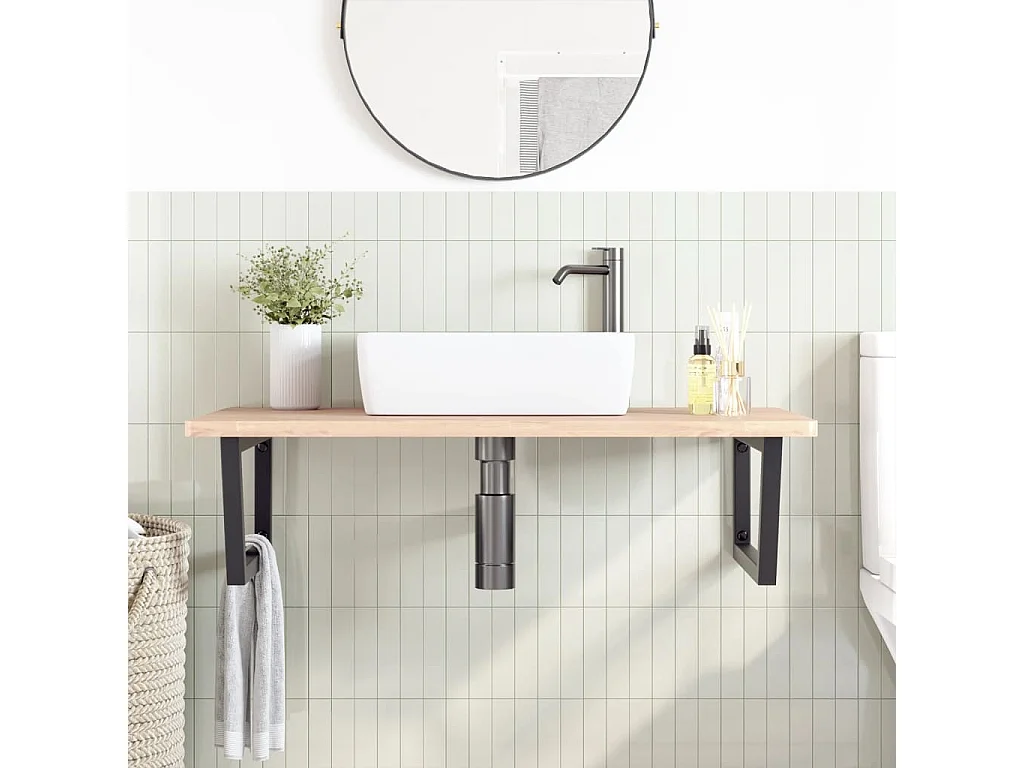 Estante de lavabo de pared de acero y madera maciza de haya
