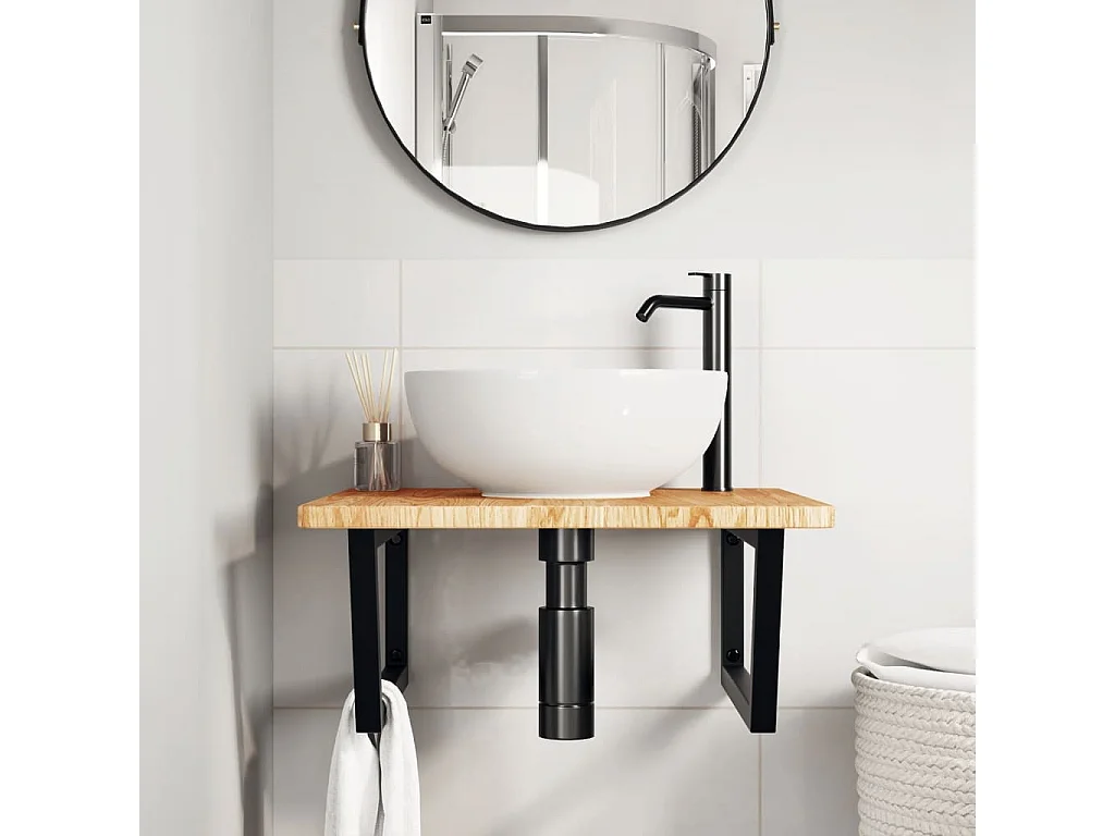 Estante de lavabo de pared de acero y madera maciza de roble