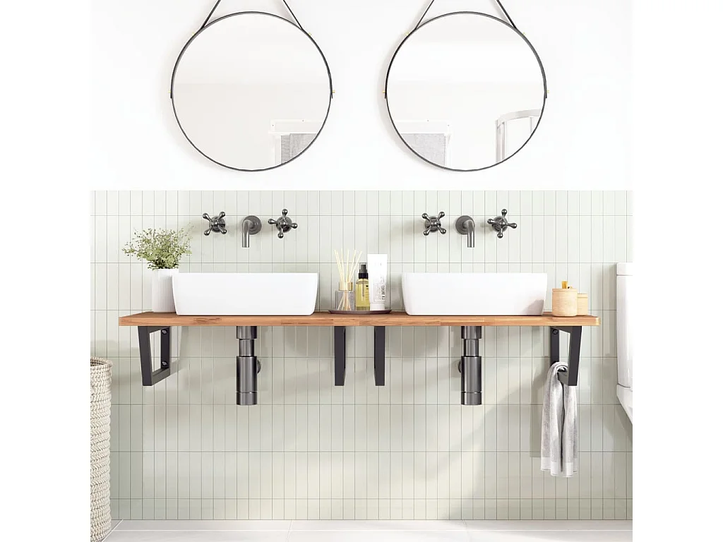 Ripiano a Parete per Lavabo in Acciaio e Massello di Faggio