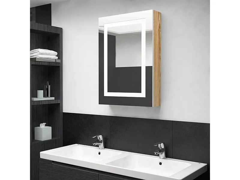 Armadietto Bagno con Specchio e LED Bianco e Rovere 50x13x70 cm