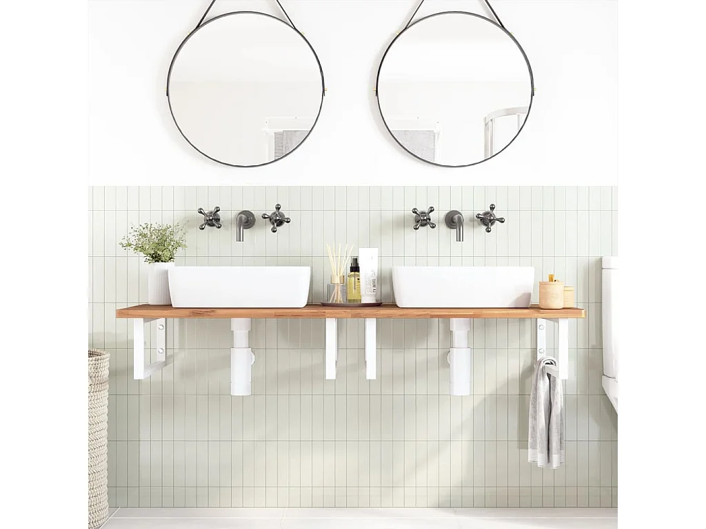 Waschbeckenregal Wandmontage Stahl und Massivholz Buche