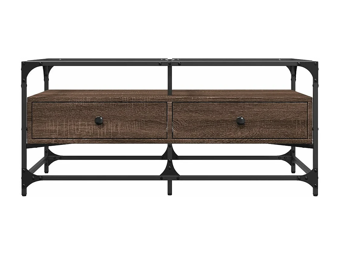 Table basse et dessus en verre chêne marron 98,5x50x45 cm acier