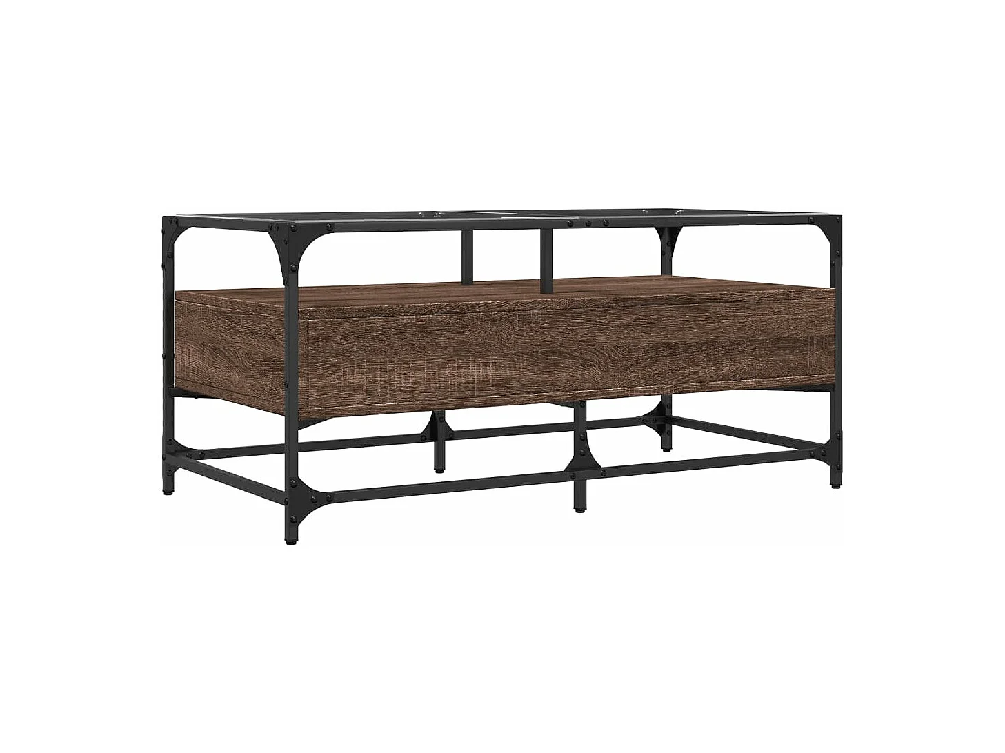 Table basse et dessus en verre chêne marron 98,5x50x45 cm acier
