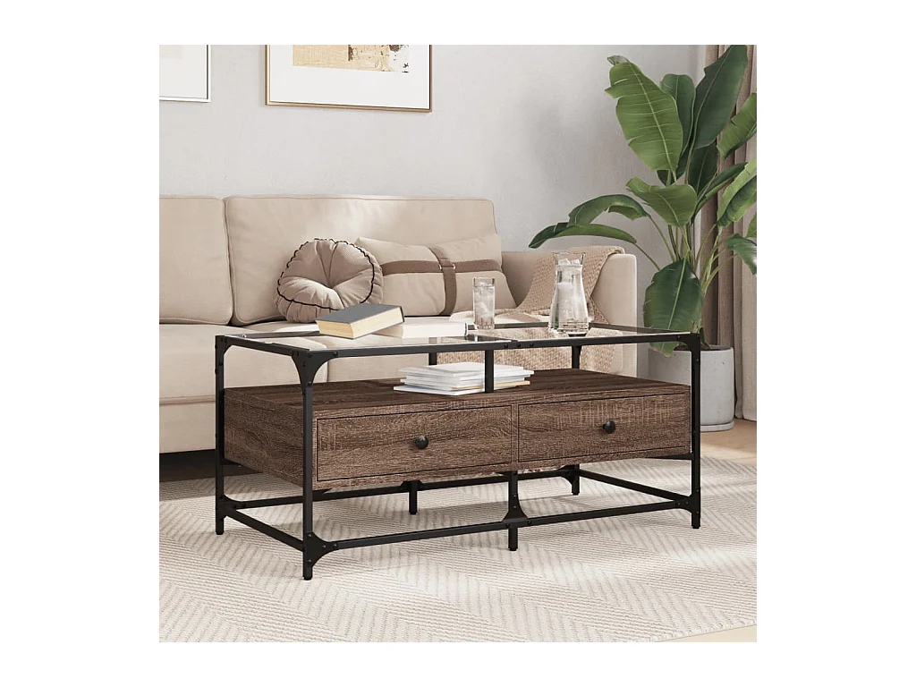 Couchtisch mit Glasplatte Braun Eichen-Optik 98,5x50x45cm Stahl