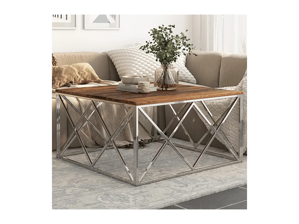 Table basse argenté inox et bois de mélèze massif