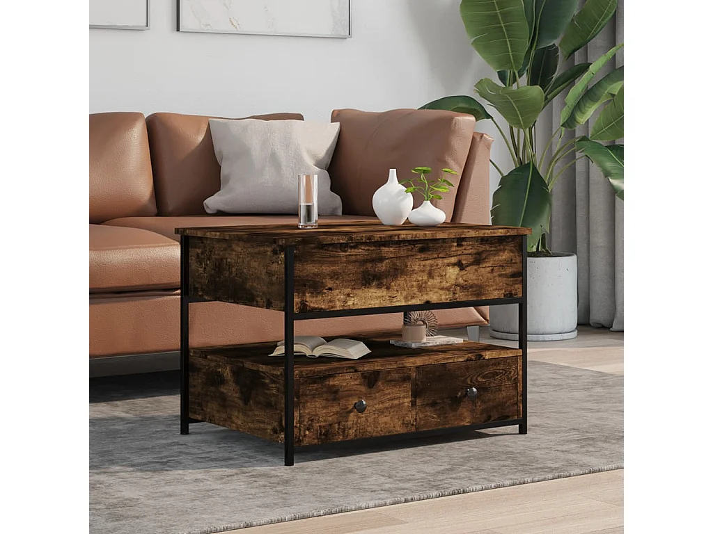 Mesa de centro madera ingeniería metal roble humo 70x50x50 cm