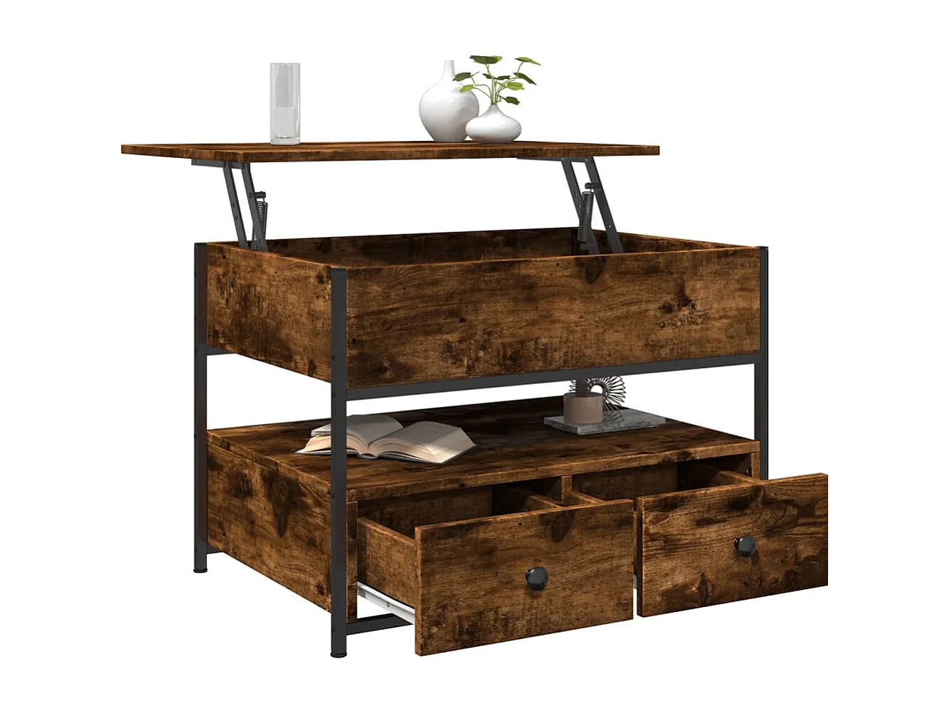 Mesa de centro madera ingeniería metal roble humo 70x50x50 cm