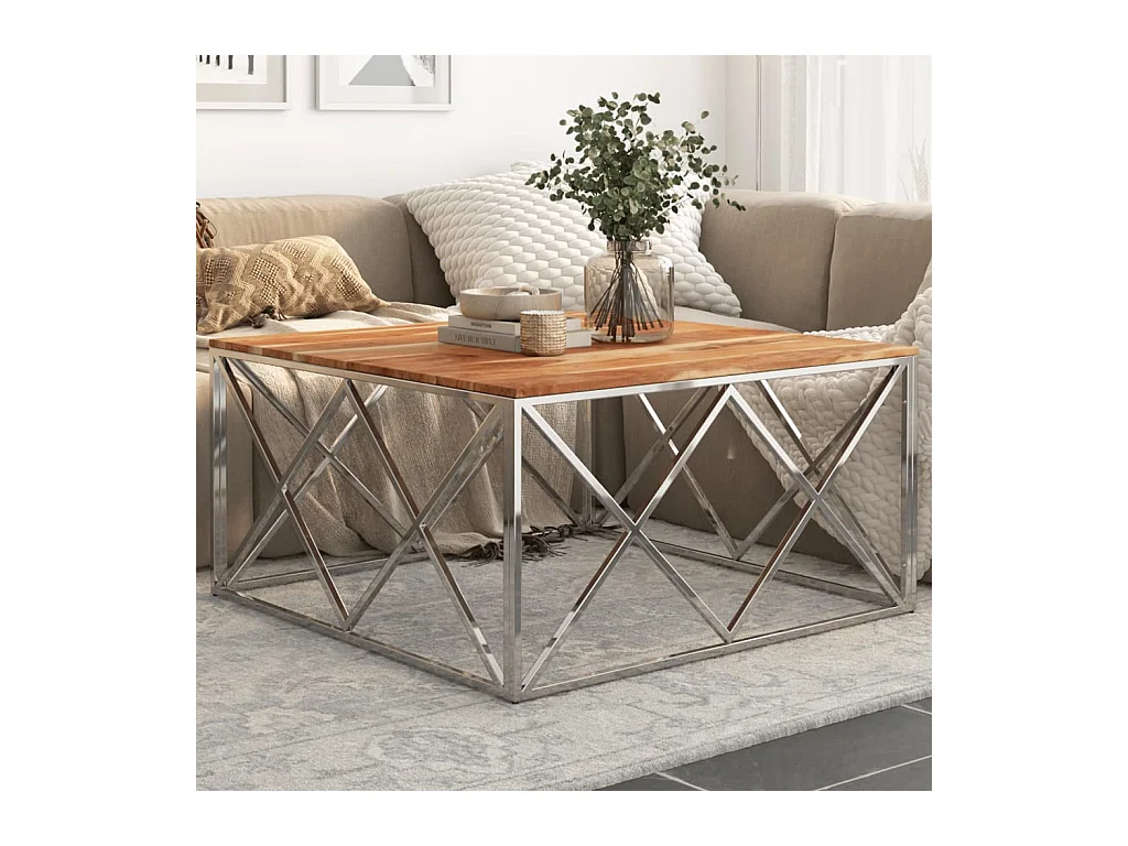 Table basse argenté acier inoxydable et bois massif d'acacia