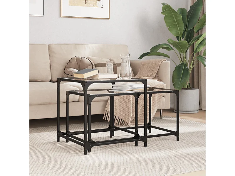 Tables basses gigognes 2 pcs dessus en verre transparent acier