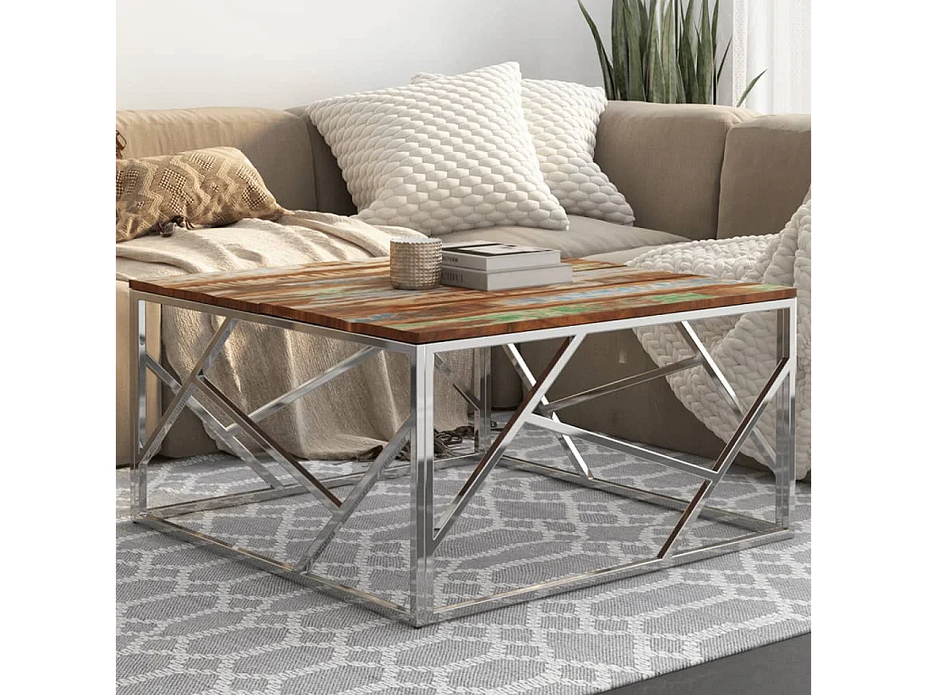 Table basse argenté inox et bois de récupération massif