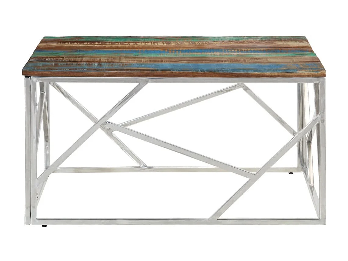 Table basse argenté inox et bois de récupération massif