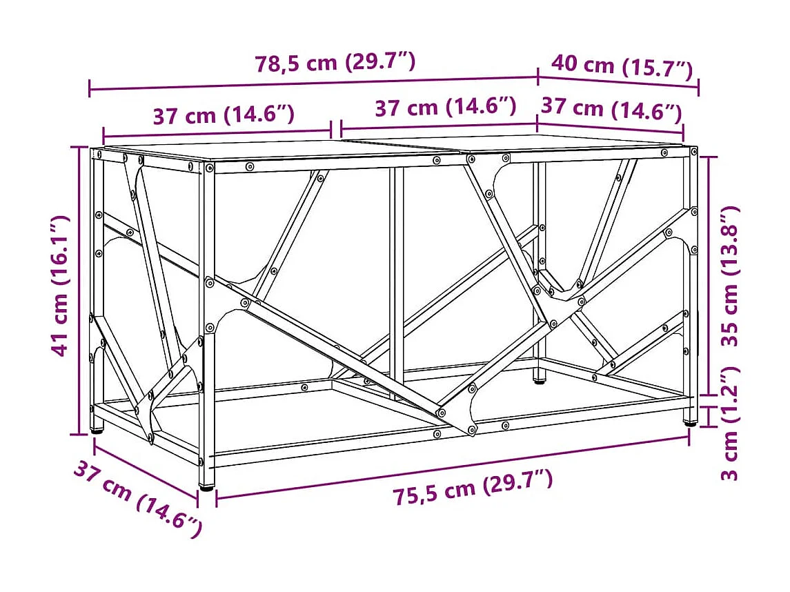 Salontafel met zwart glazen blad 78,5x40x41 cm staal