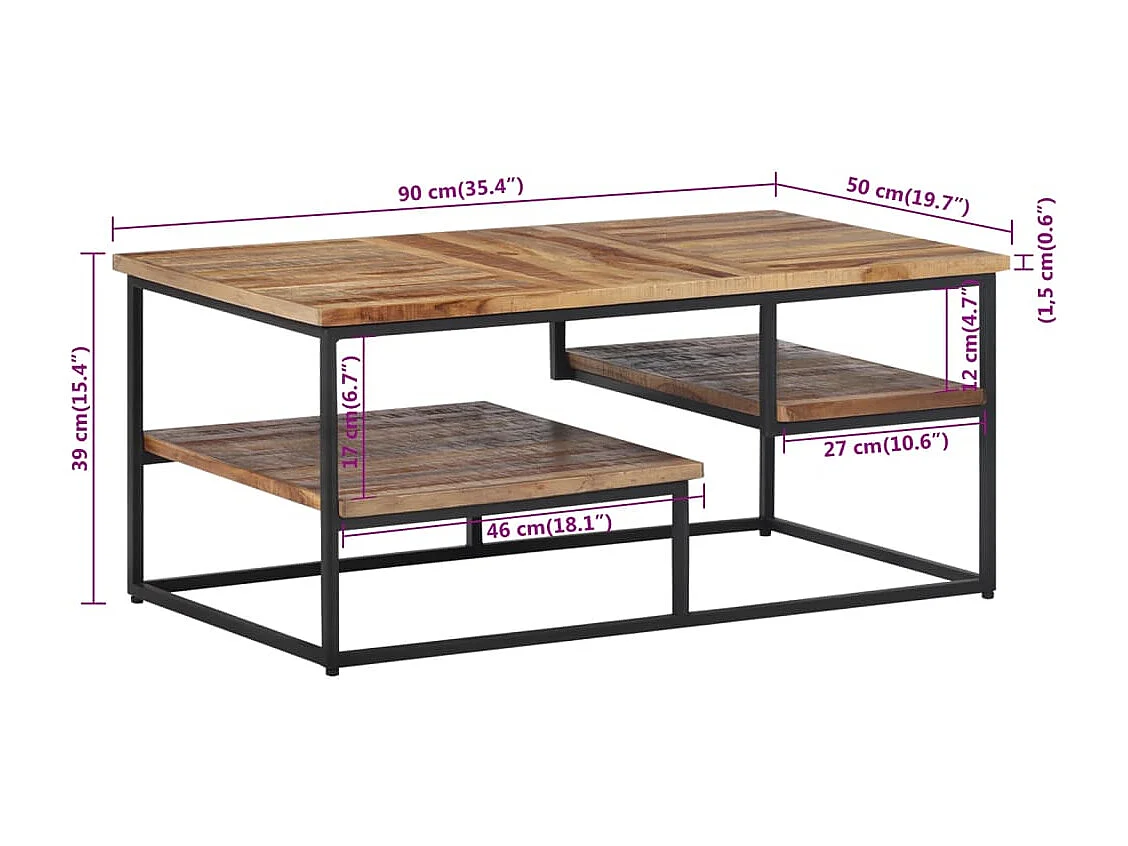 Mesa de centro teca reciclada maciza 90x50x39 cm