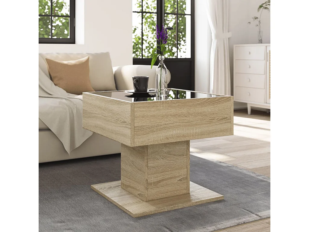 Mesa de centro y LED madera ingeniería roble Sonoma 50x50x45 cm