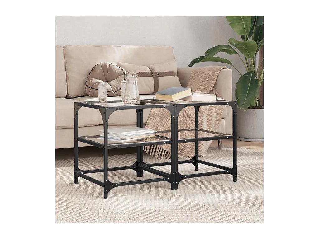 Tavolino Salotto con Piano Vetro Trasparente 40x40x45cm Acciaio